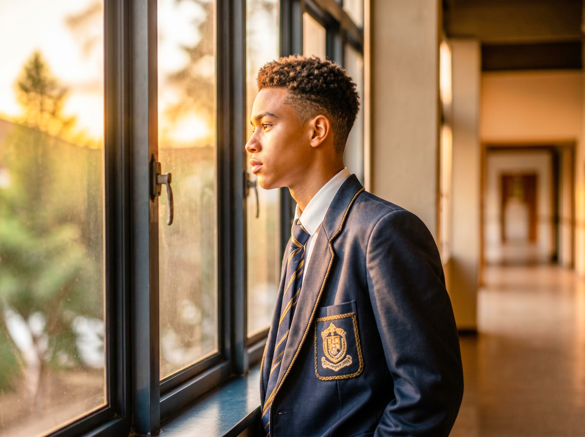 A young man in a white shirt looking out at a city at dusk