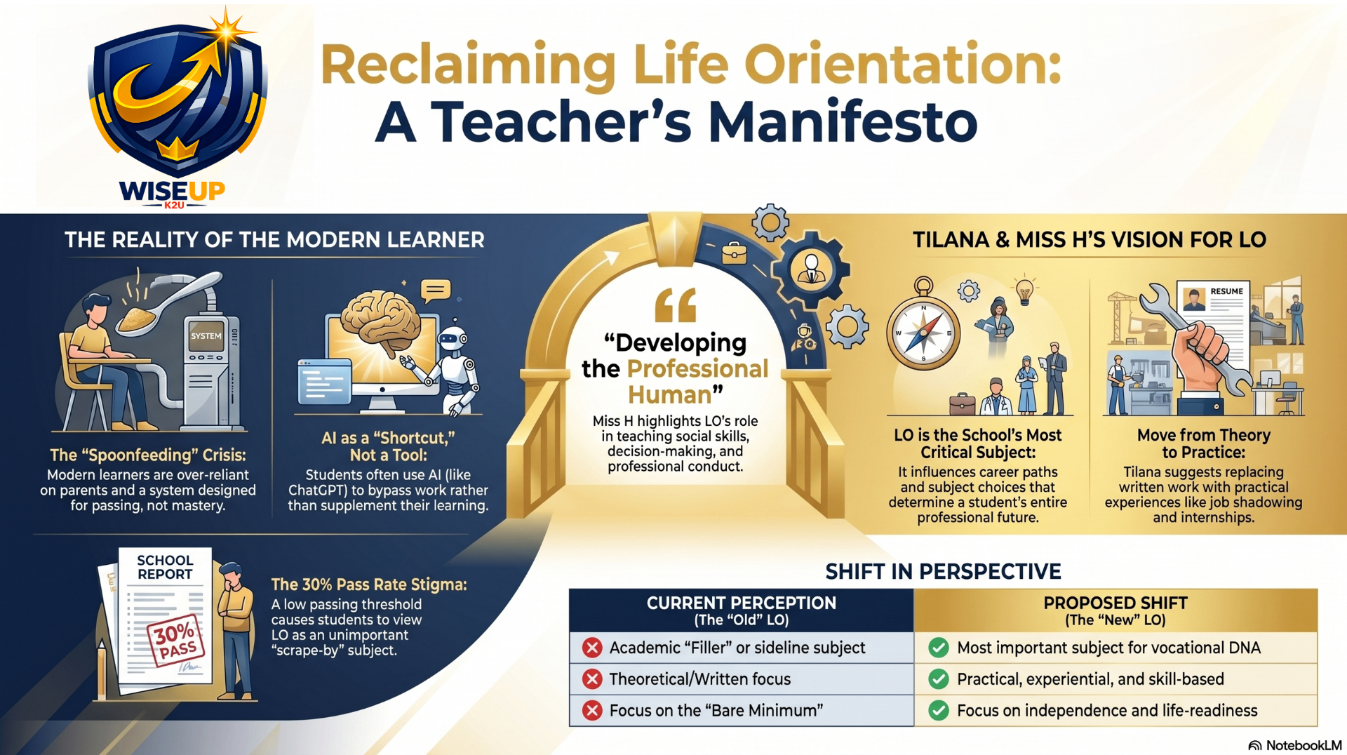 Reclaiming Life Orientation: A Teacher's Manifesto — infographic summarising the modern learner reality, Tilana & Miss H's vision for LO, and the shift from the old LO to the new LO.