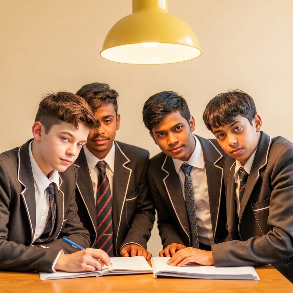 Four HOBS boys studying together by lamplight