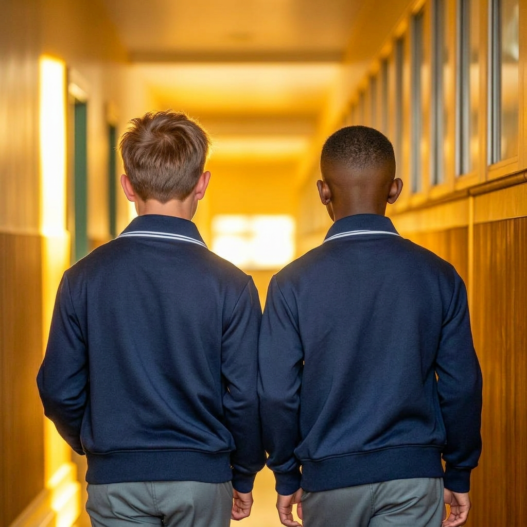 Two HOBS boys walking together down a school corridor